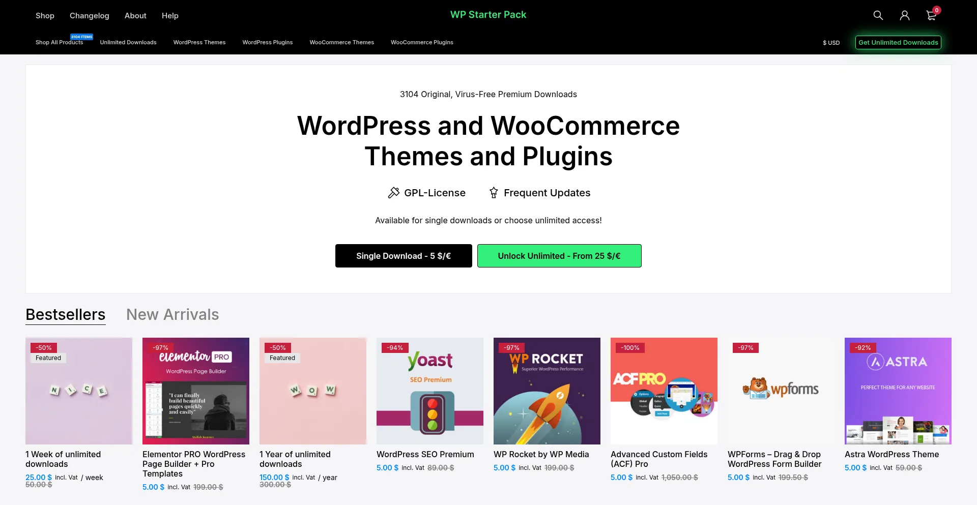 Website screenshot of Wpstarterpack.com