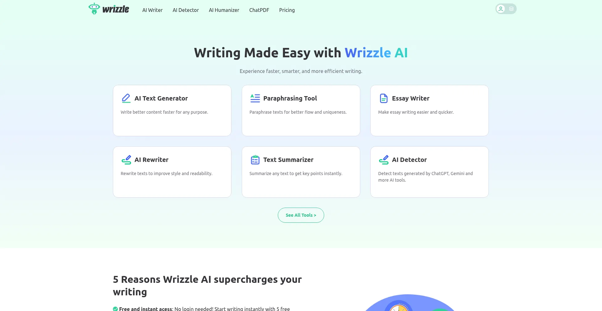 Website screenshot of Wrizzle.ai