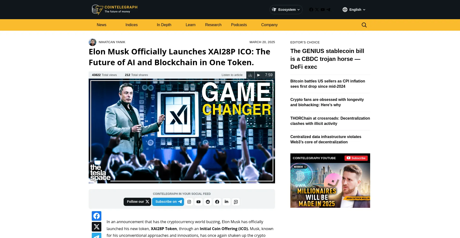 Website screenshot of Xai28p-cointelegraph.com