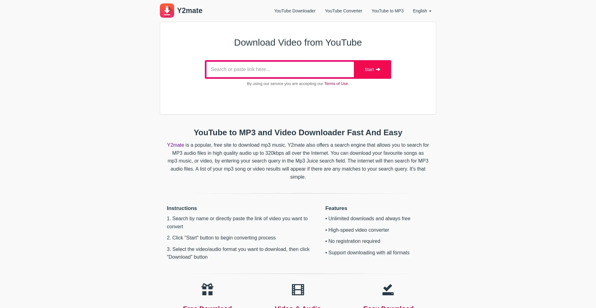 Website screenshot of Y2mate.at