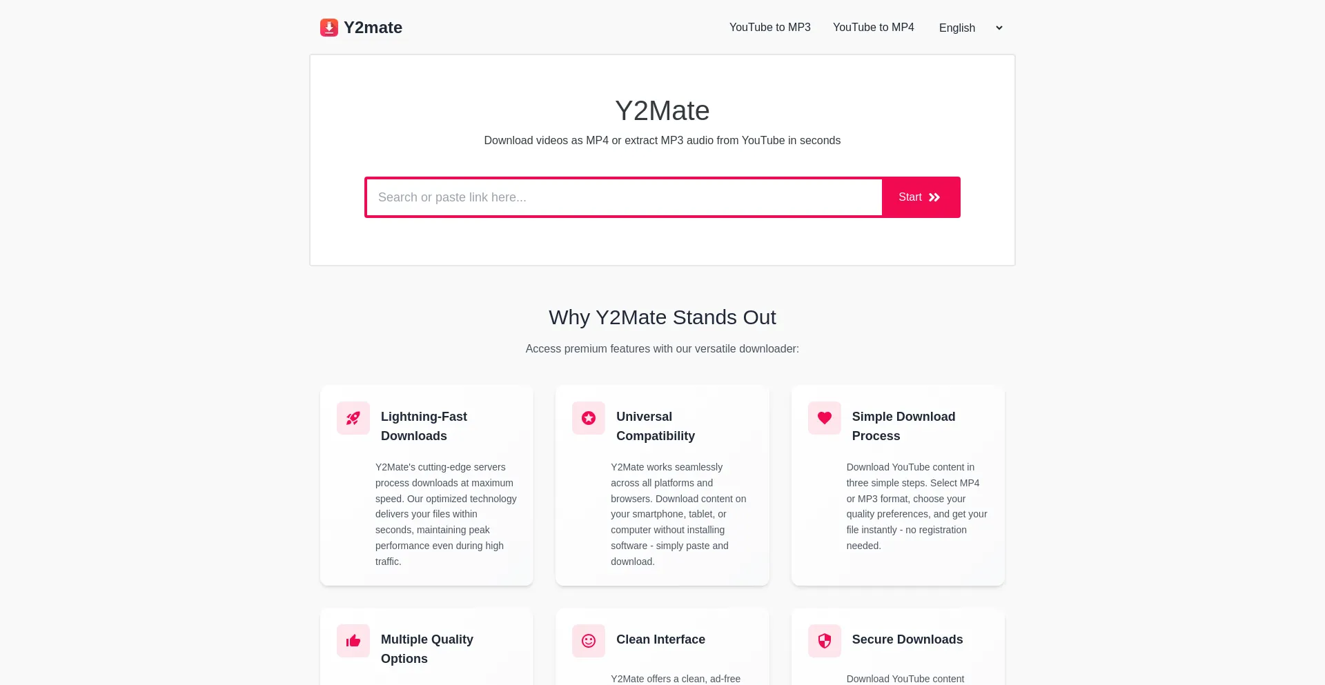 Website screenshot of Y2mate.care