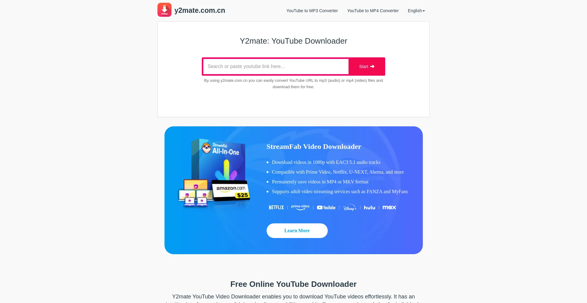 Website screenshot of Y2mate.com.cn