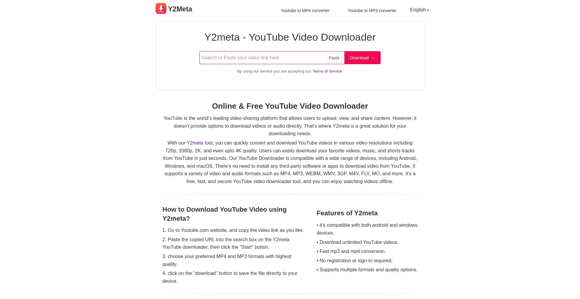 Website screenshot of Y2meta.co.com