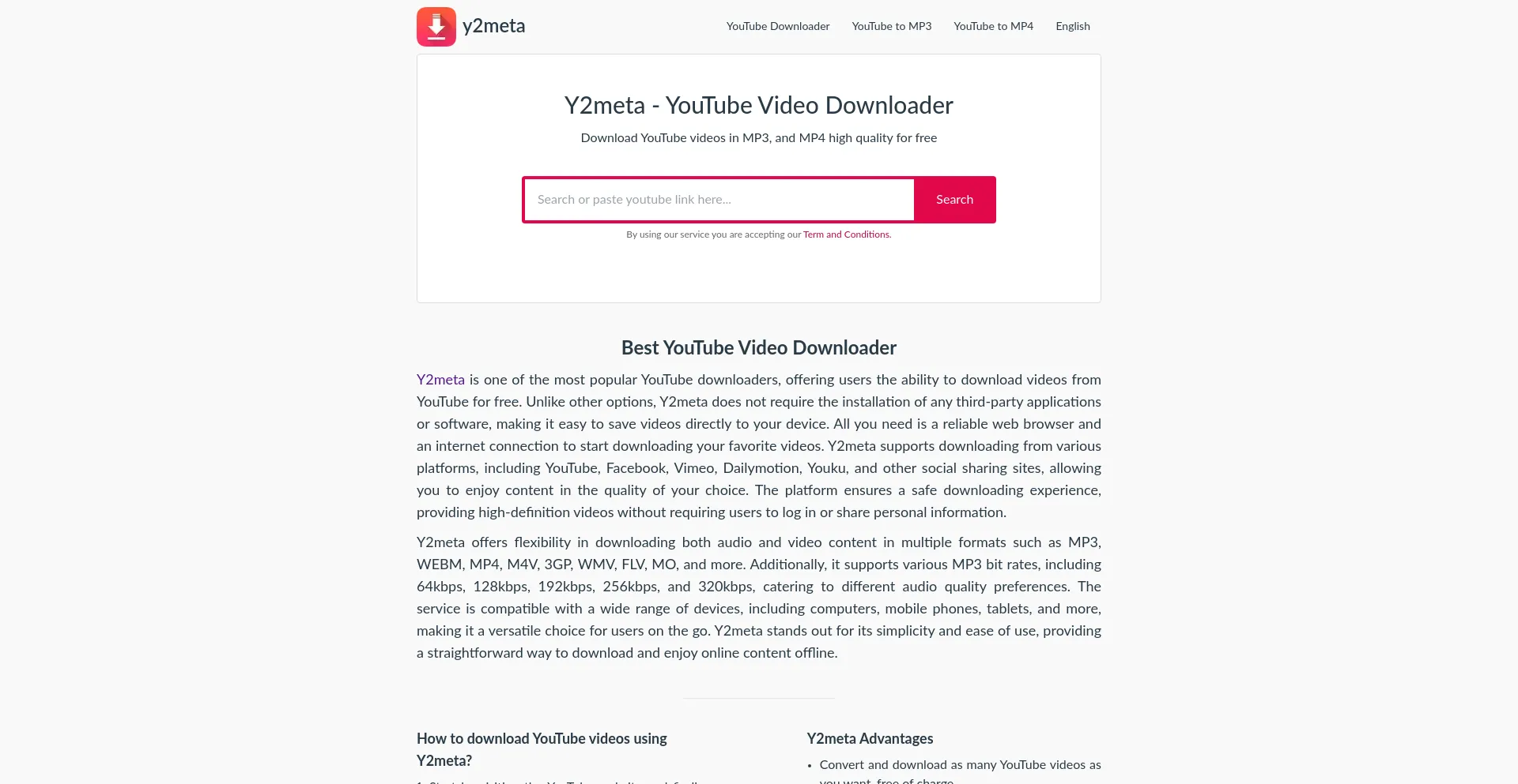 Website screenshot of Y2meta.is