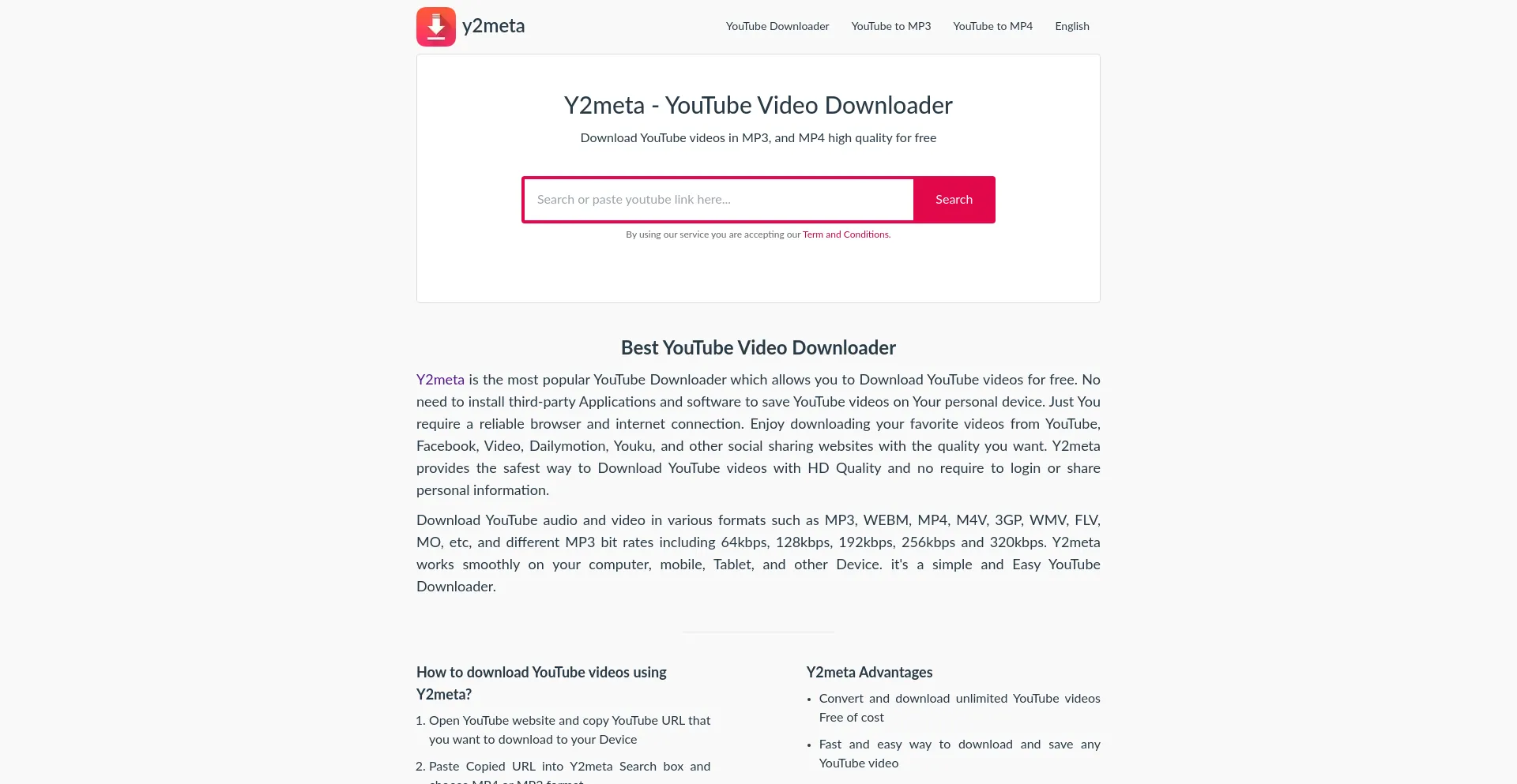 Website screenshot of Y2meta.mobi