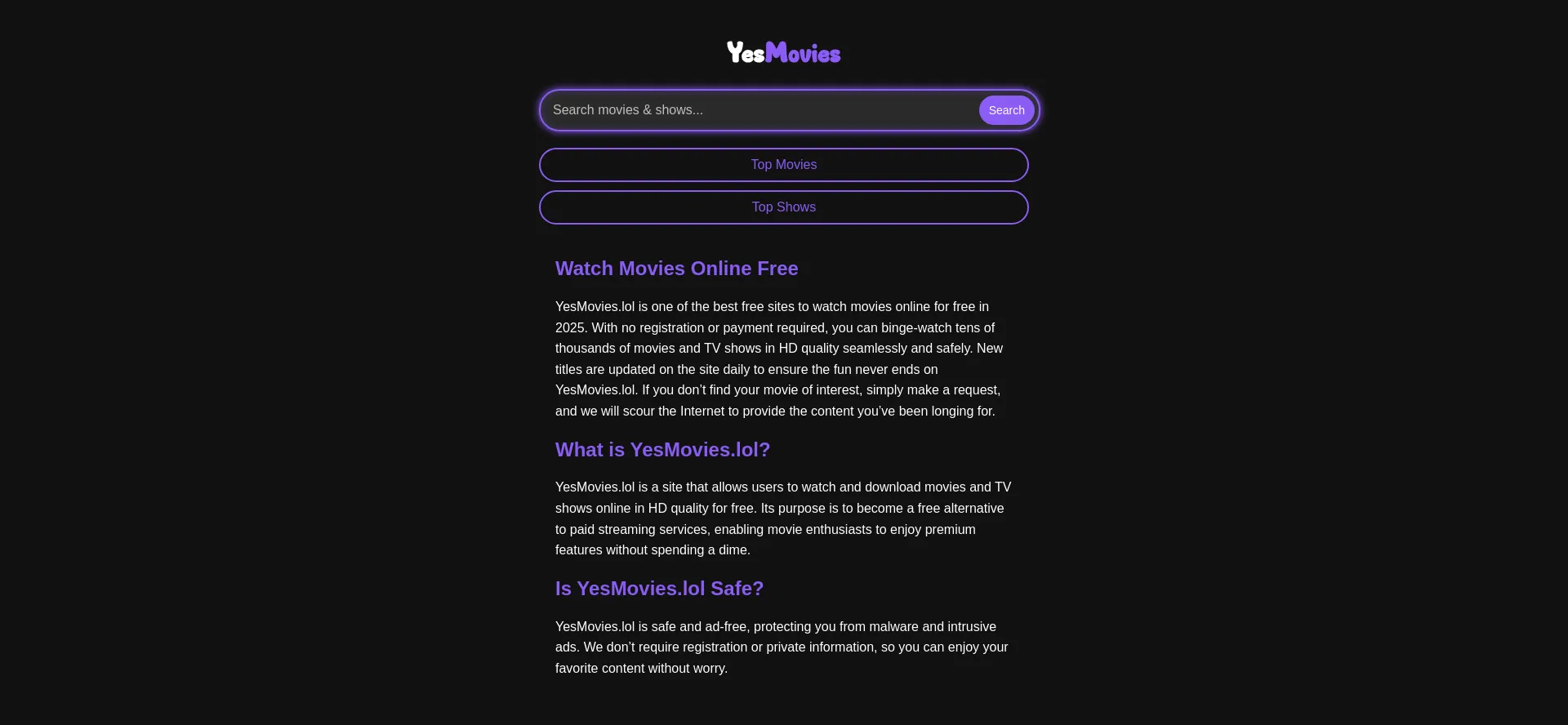 Website screenshot of Yesmovies.lol
