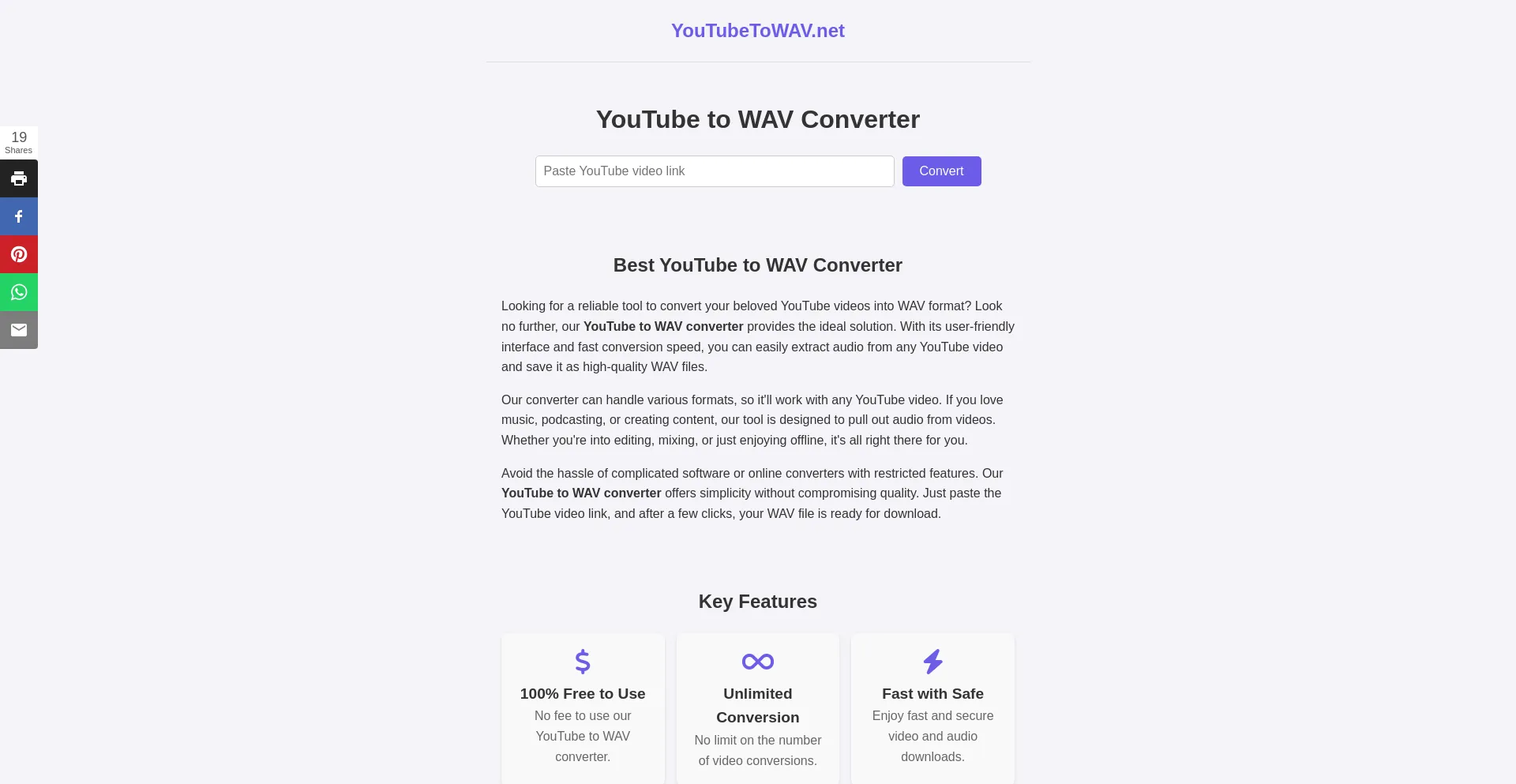 Website screenshot of Youtubetowav.net