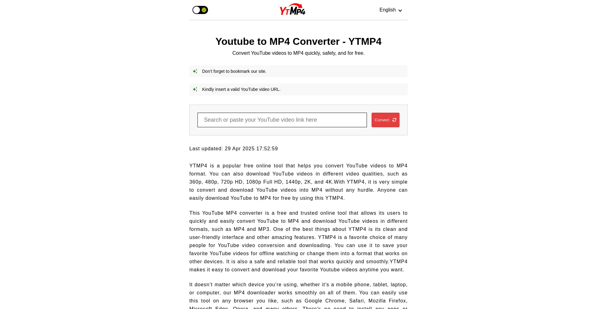 Website screenshot of Ytmp4hub.cc
