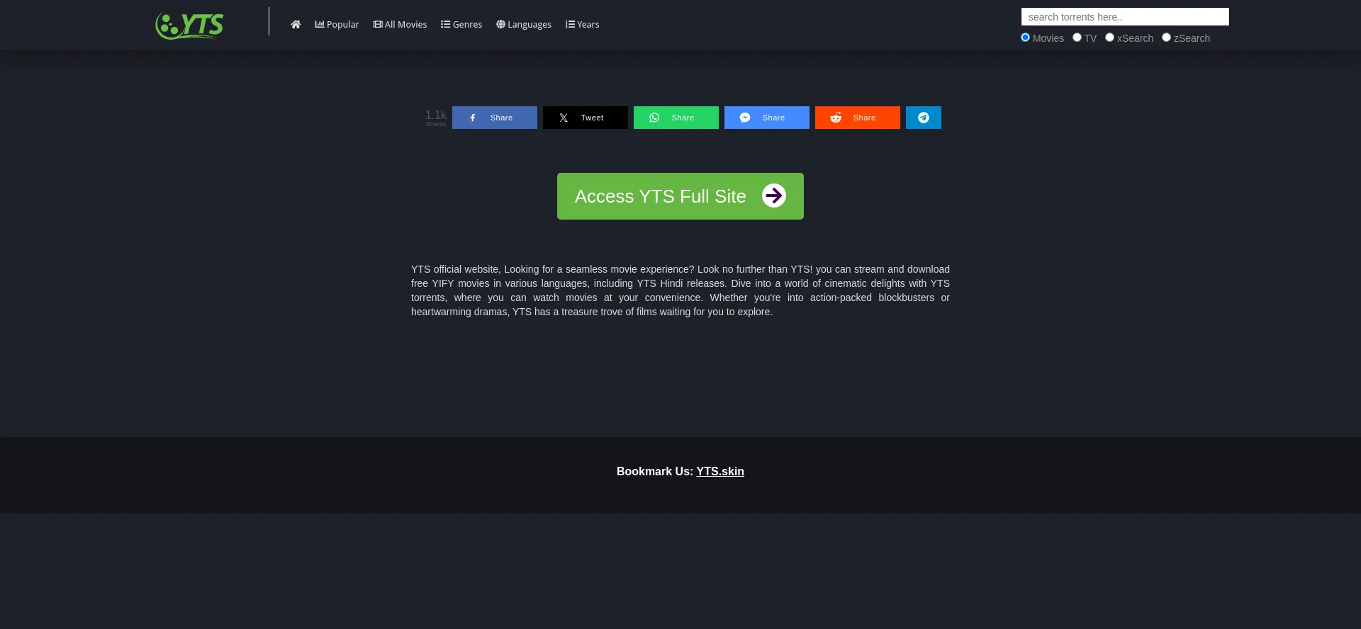 Website screenshot of Yts.skin
