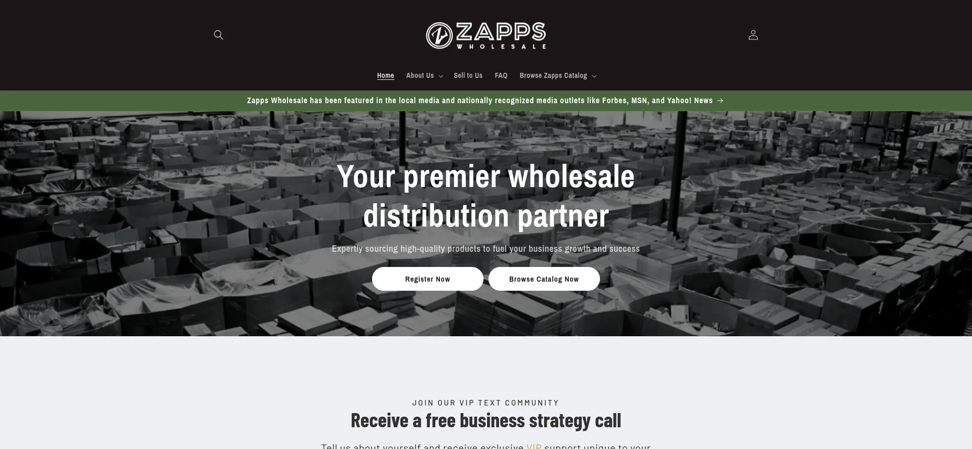 Website screenshot of Zappswholesale.com