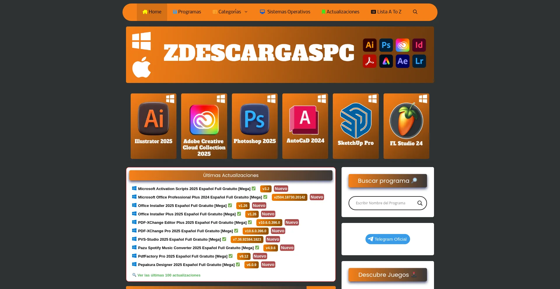 Website screenshot of Zdescargaspc.com
