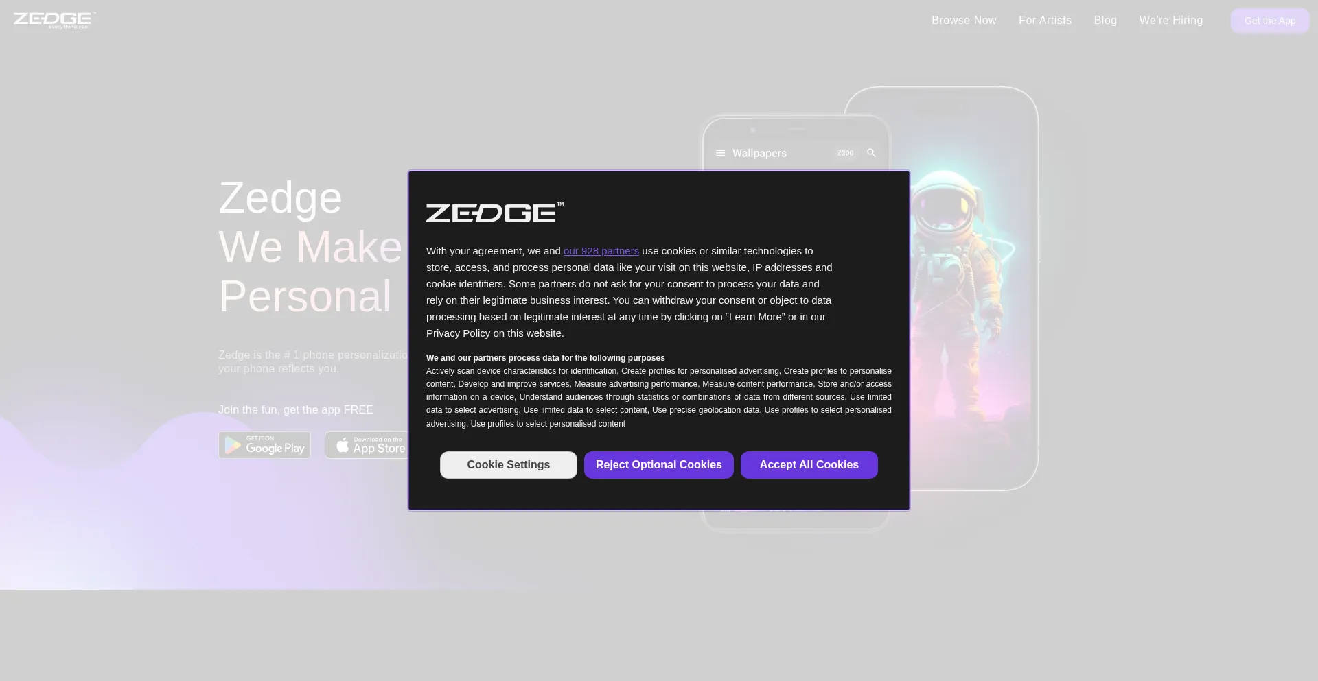Website screenshot of Zedge.net