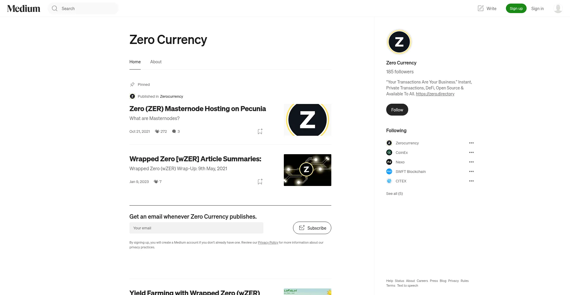 Website screenshot of Zerocurrency.medium.com