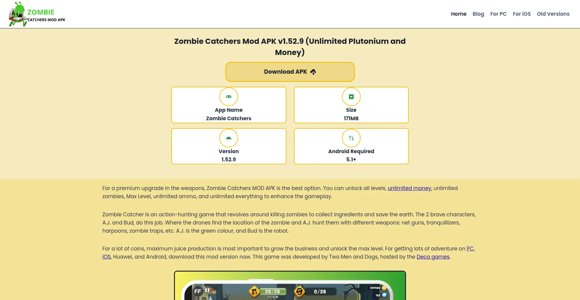 Website screenshot of Zombiecatcherapk.com
