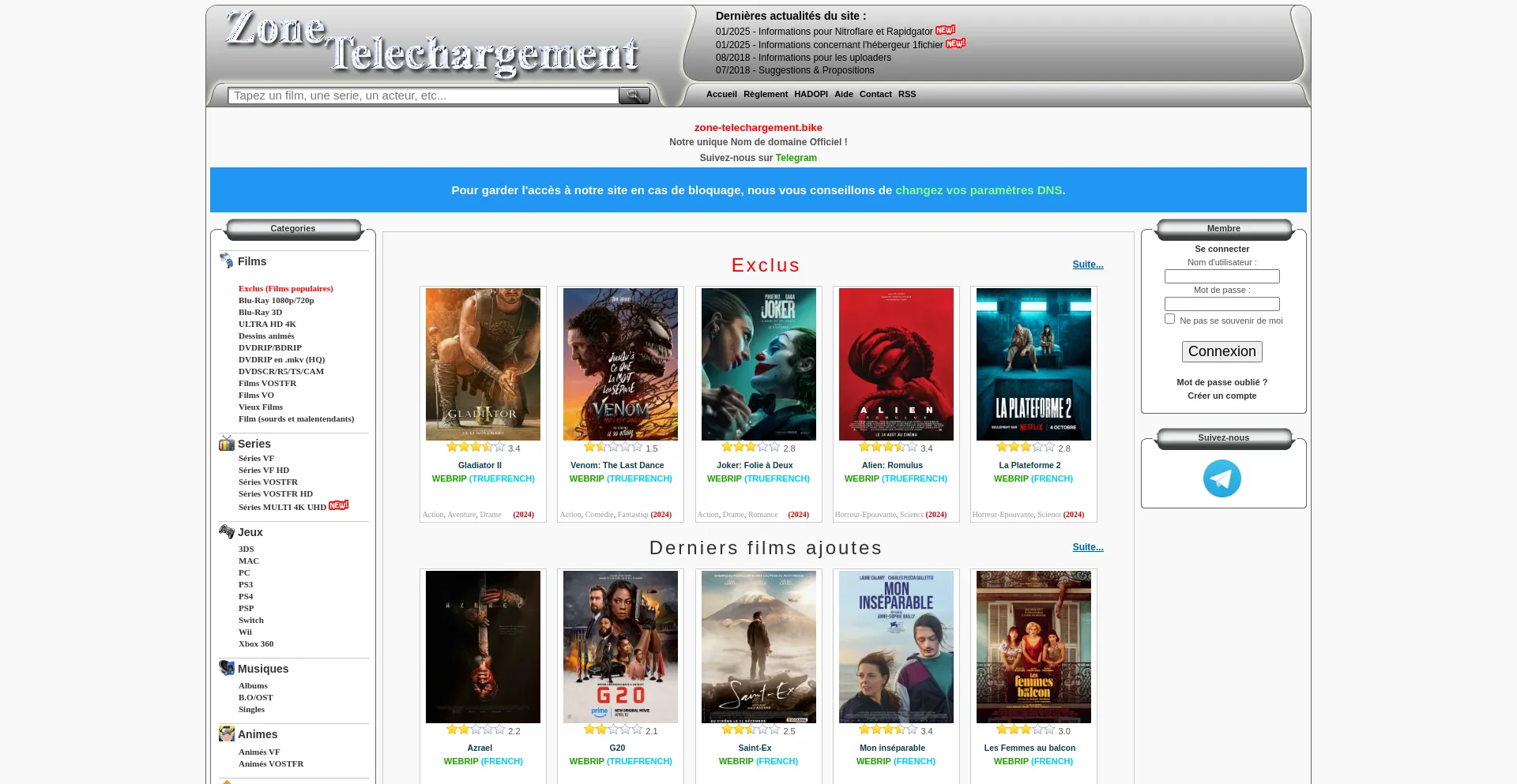 Website screenshot of Zone-telechargement.bike