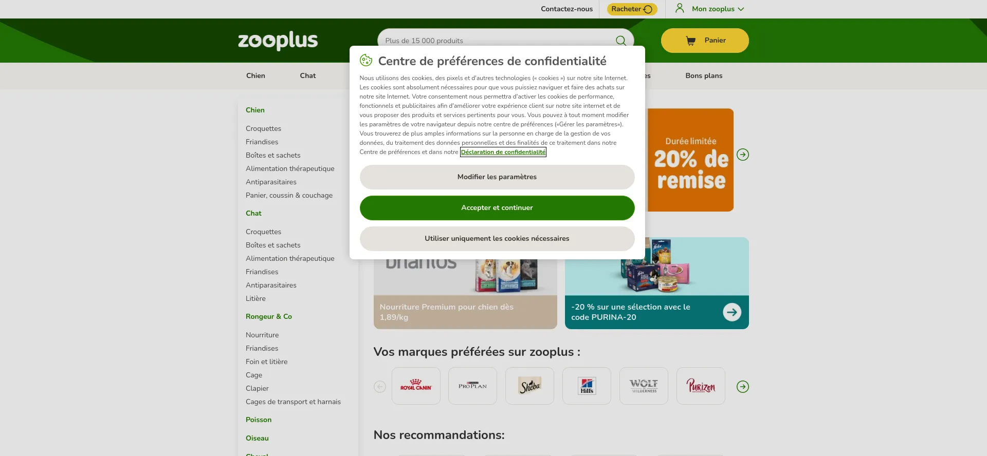 Website screenshot of Zooplus.fr