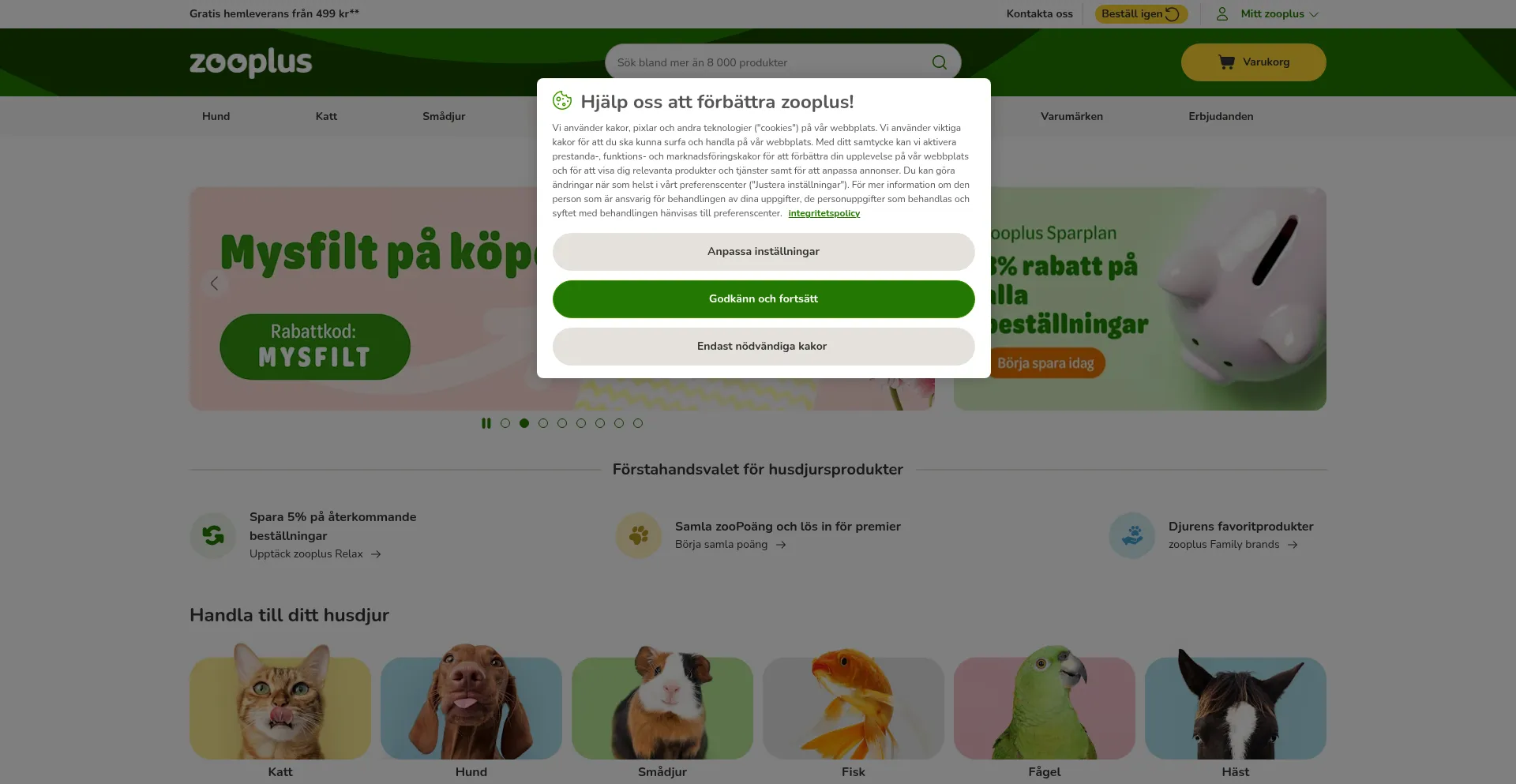 Website screenshot of Zooplus.se